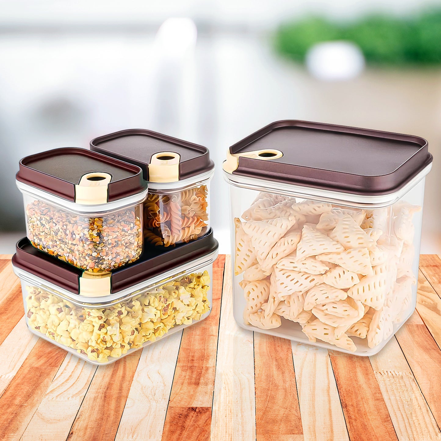 Push 'N' Lock Airtight Food Storage Container Set – 4-Piece Vacuum Seal Plastic Jar Set with Push-Button Locking Lids for Kitchen Pantry Organization (Maroon & Beige)