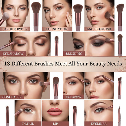 Professional 13-Piece Makeup Brush Set with Storage Pouch – Ultra-Soft Synthetic Bristles for Foundation, Powder, Blush, Eyeshadow Blending & Concealer, Elegant Rose Gold Handles (Model 23839)