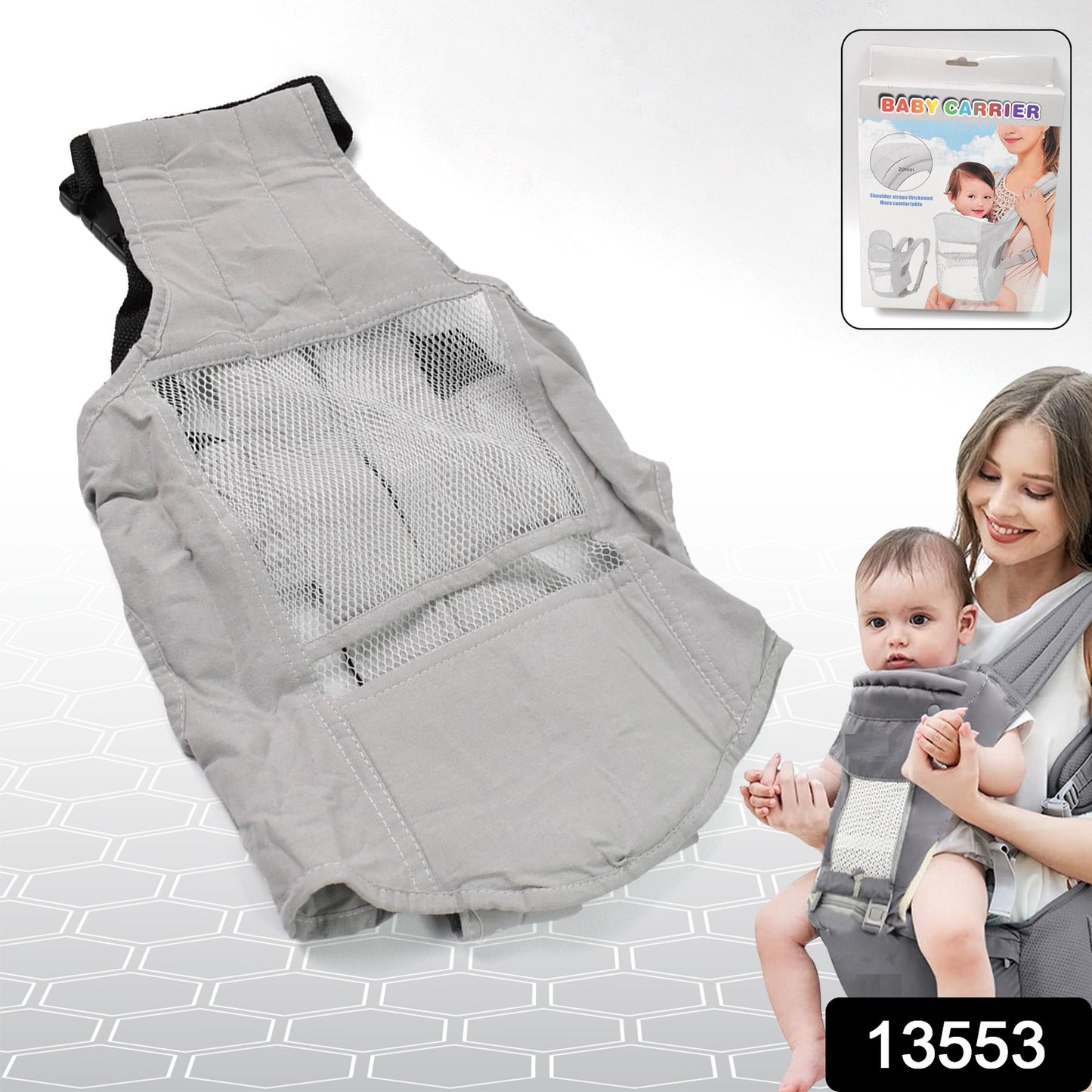 Ergonomic 6-in-1 Baby Carrier Bag – Multi-Mode Adjustable Infant Sling with 3D Breathable Honeycomb Mesh, Padded Waistband & Detachable Front Panel for Newborns & Toddlers (Grey, Model 13553)