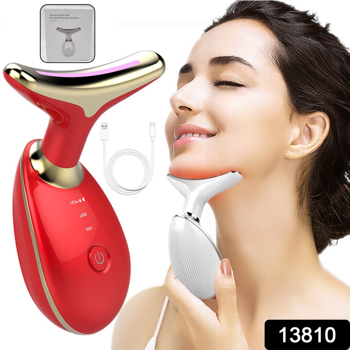 LED Photon Therapy Face & Neck Beauty Device – 3-Color Light Skin Tightening & Wrinkle Remover Machine, EMS Microcurrent Face Massager for Double Chin, Lifting & Anti-Aging (Model ES-1081)