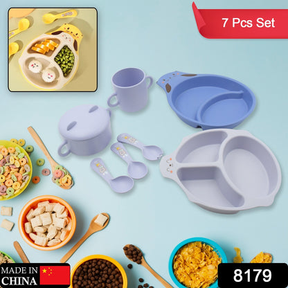 Eco-Friendly 7-Piece Bamboo Fibre Baby Feeding Set – Cartoon Dinnerware Set with Divided Plate, Bowl, Mug & Cutlery for Kids & Toddlers (Model 8179)