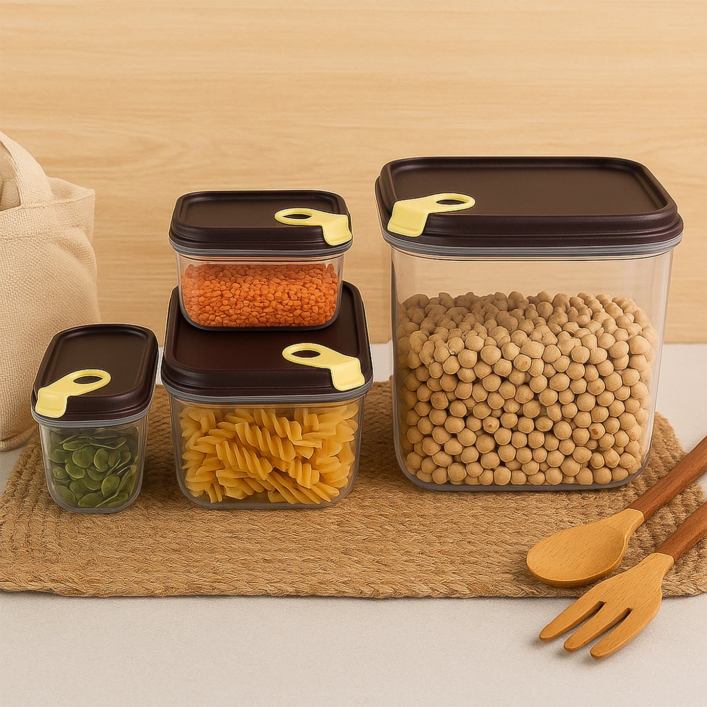 Push 'N' Lock Airtight Food Storage Container Set – 4-Piece Vacuum Seal Plastic Jar Set with Push-Button Locking Lids for Kitchen Pantry Organization (Maroon & Beige)