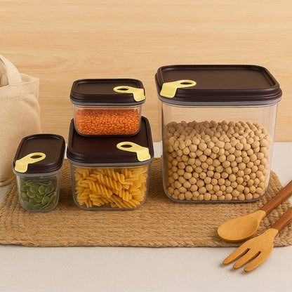Push 'N' Lock Airtight Food Storage Container Set – 4-Piece Vacuum Seal Plastic Jar Set with Push-Button Locking Lids for Kitchen Pantry Organization (Maroon & Beige)