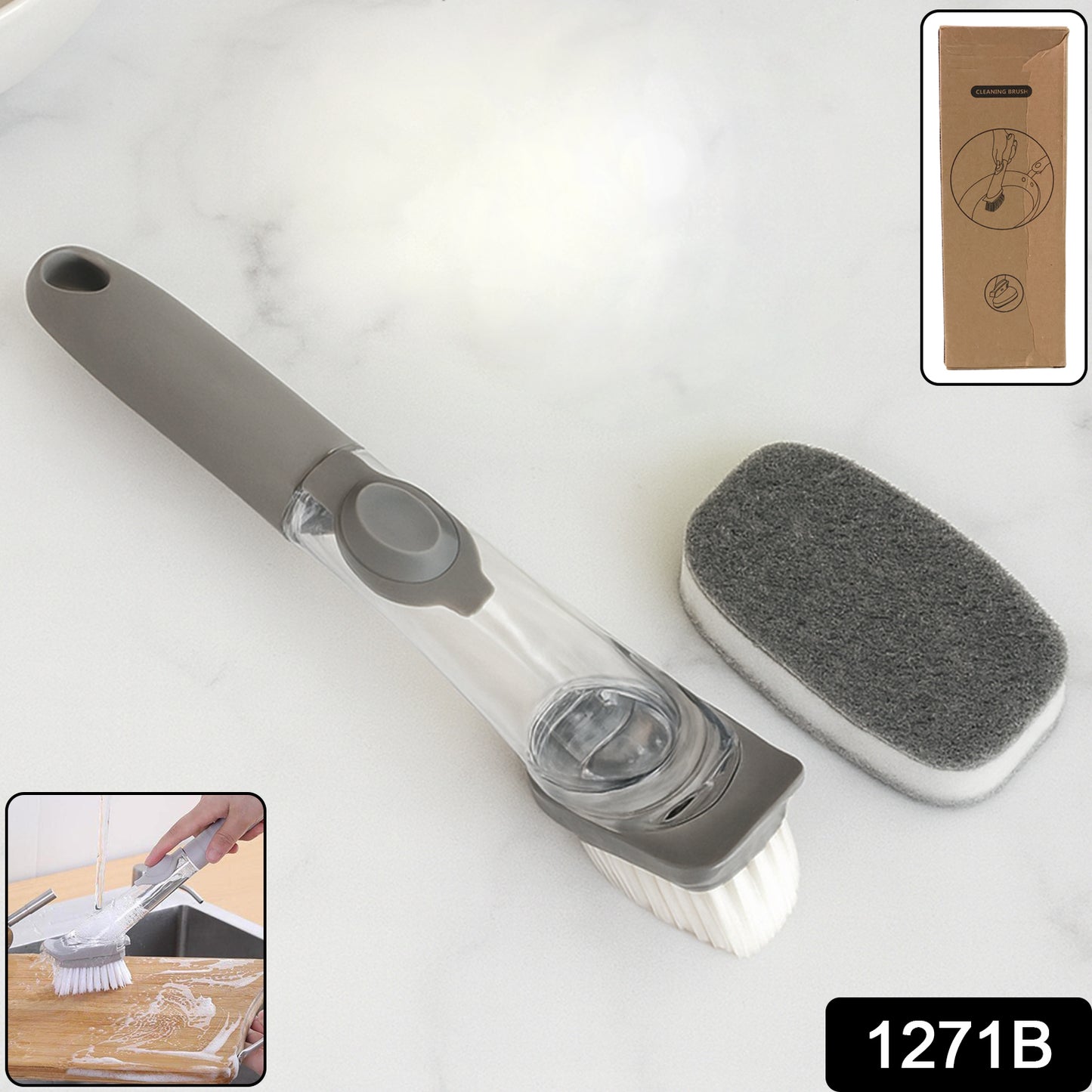 2-in-1 Soap Dispensing Dish Brush with Refillable Handle & Extra Scrub Sponge – Leak-Proof Kitchen Cleaning Brush for Utensils, Pans, Sinks & Tiles (Model 1271B)