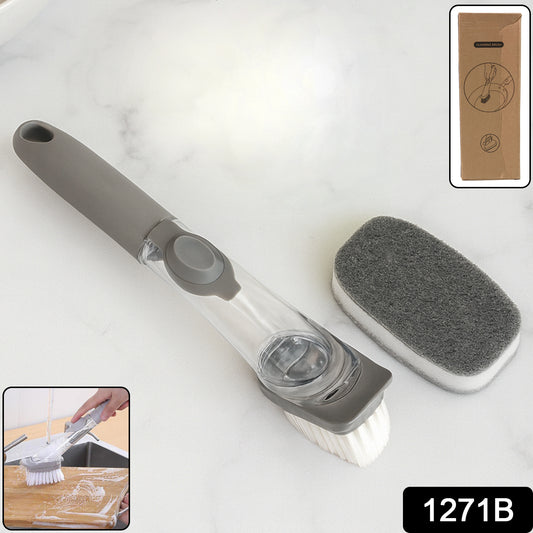 2-in-1 Soap Dispensing Dish Brush with Refillable Handle & Extra Scrub Sponge – Leak-Proof Kitchen Cleaning Brush for Utensils, Pans, Sinks & Tiles (Model 1271B)