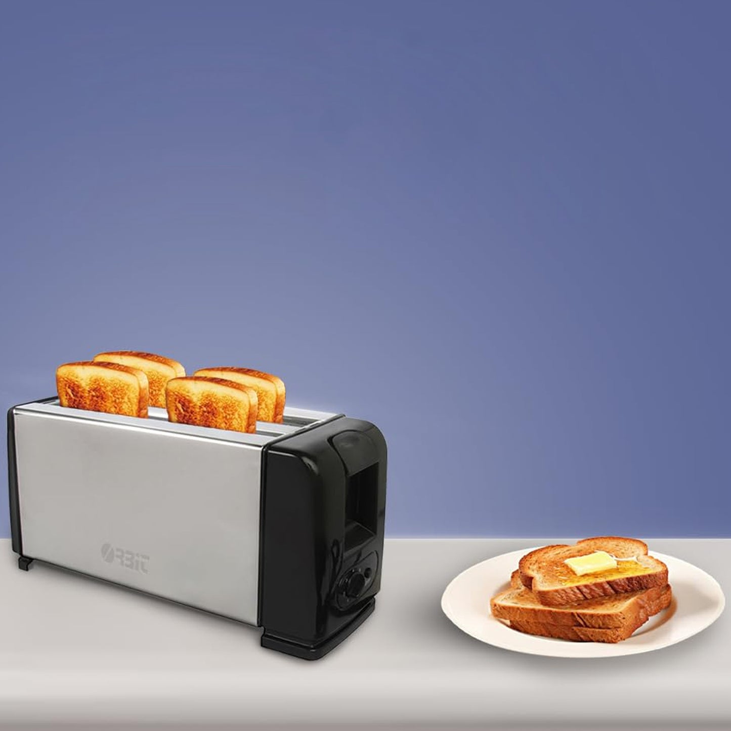 Orbit 1200W 4-Slice Pop-Up Toaster – Stainless Steel Bread Toaster Machine with Adjustable Browning Control & Removable Crumb Tray (Silver/Black)