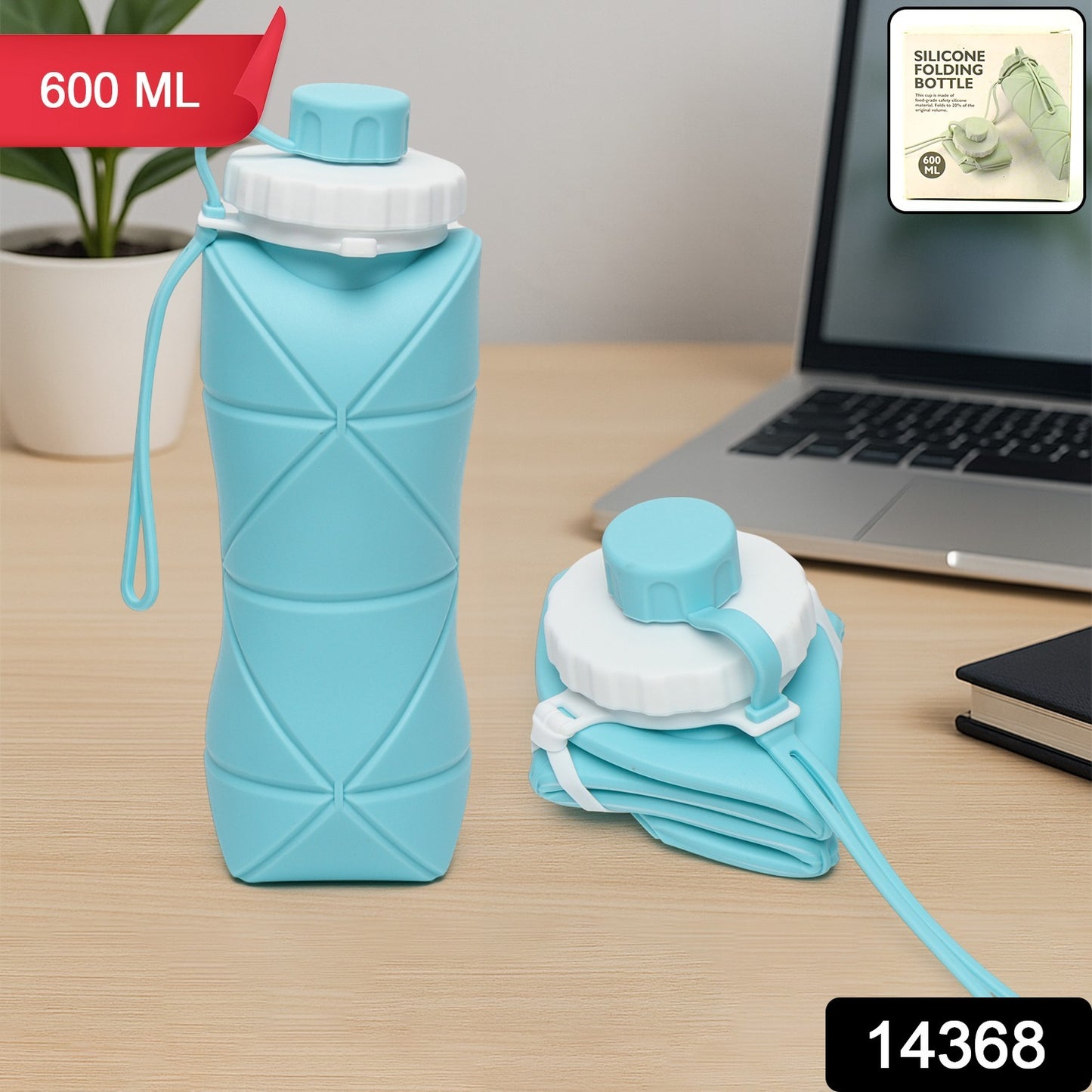 600ml Collapsible Silicone Water Bottle – Foldable Leakproof Sports Bottle with Carrying Strap for Gym, Travel, Office & Outdoor (Model 14368)