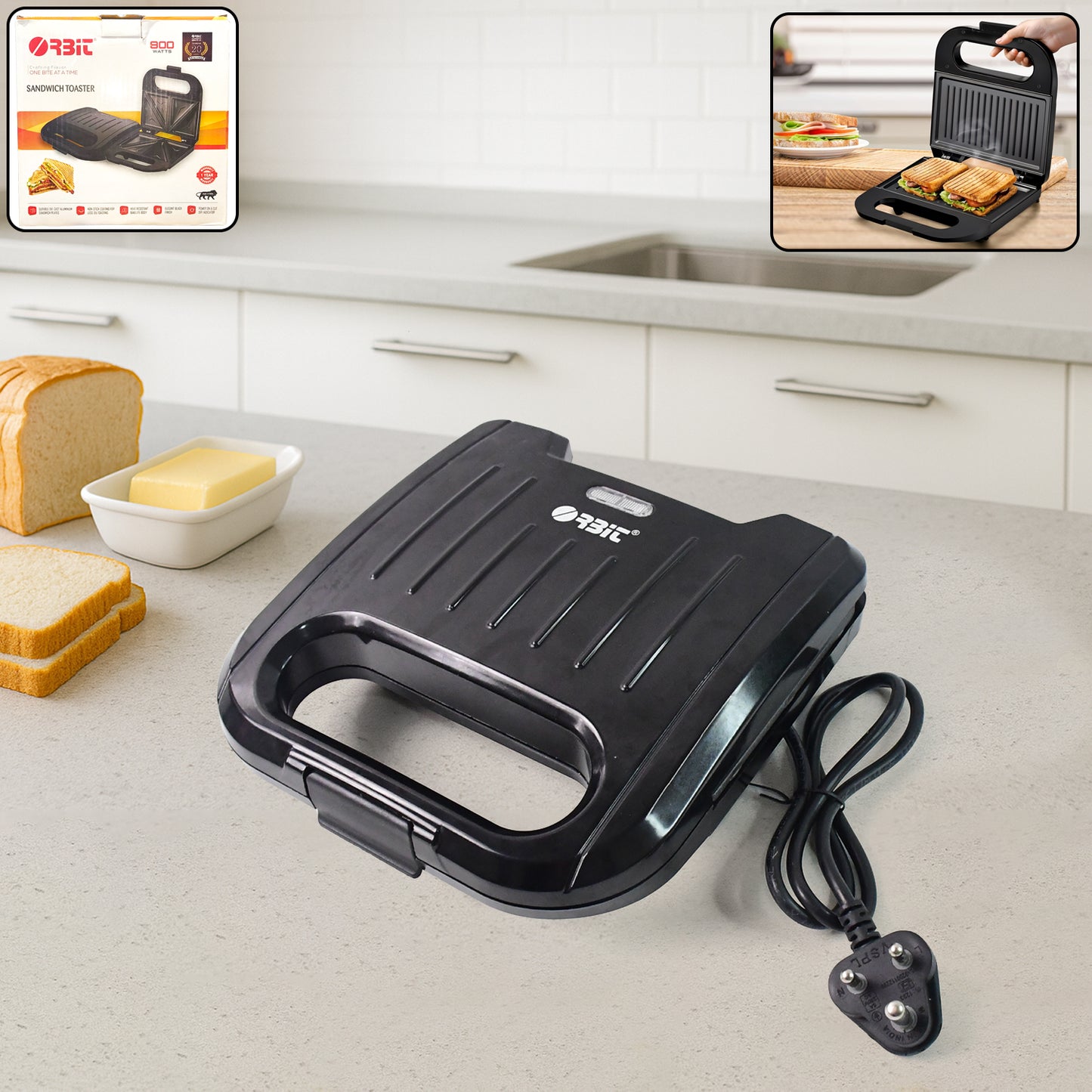 Orbit 800W Grilled Sandwich Toaster Maker – Non-Stick Panini Grill Machine with Cool-Touch Handle & Auto Indicator Light for Quick Breakfast (Black)