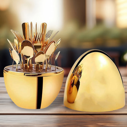 Royal 24-Piece Gold Cutlery Set with Premium Oval Storage Stand – 100% Food-Grade Stainless Steel Luxury Spoon, Fork & Knife Luxury Dinnerware Set