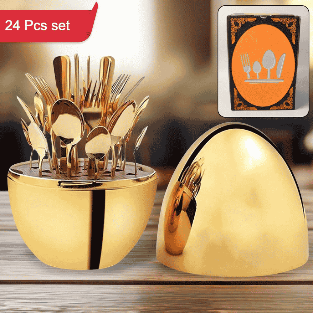 Royal 24-Piece Gold Cutlery Set with Premium Oval Storage Stand – 100% Food-Grade Stainless Steel Luxury Spoon, Fork & Knife Luxury Dinnerware Set