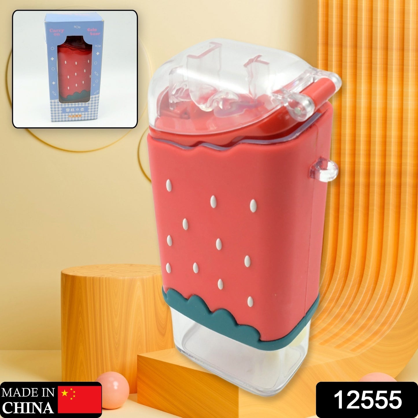 Cute Ice Cream Popsicle Shaped Kids Water Bottle – 300ML Kawaii Plastic Sipper Kettle with Built-in Straw, Leakproof Lid & Adjustable Shoulder Strap (Model 12555)