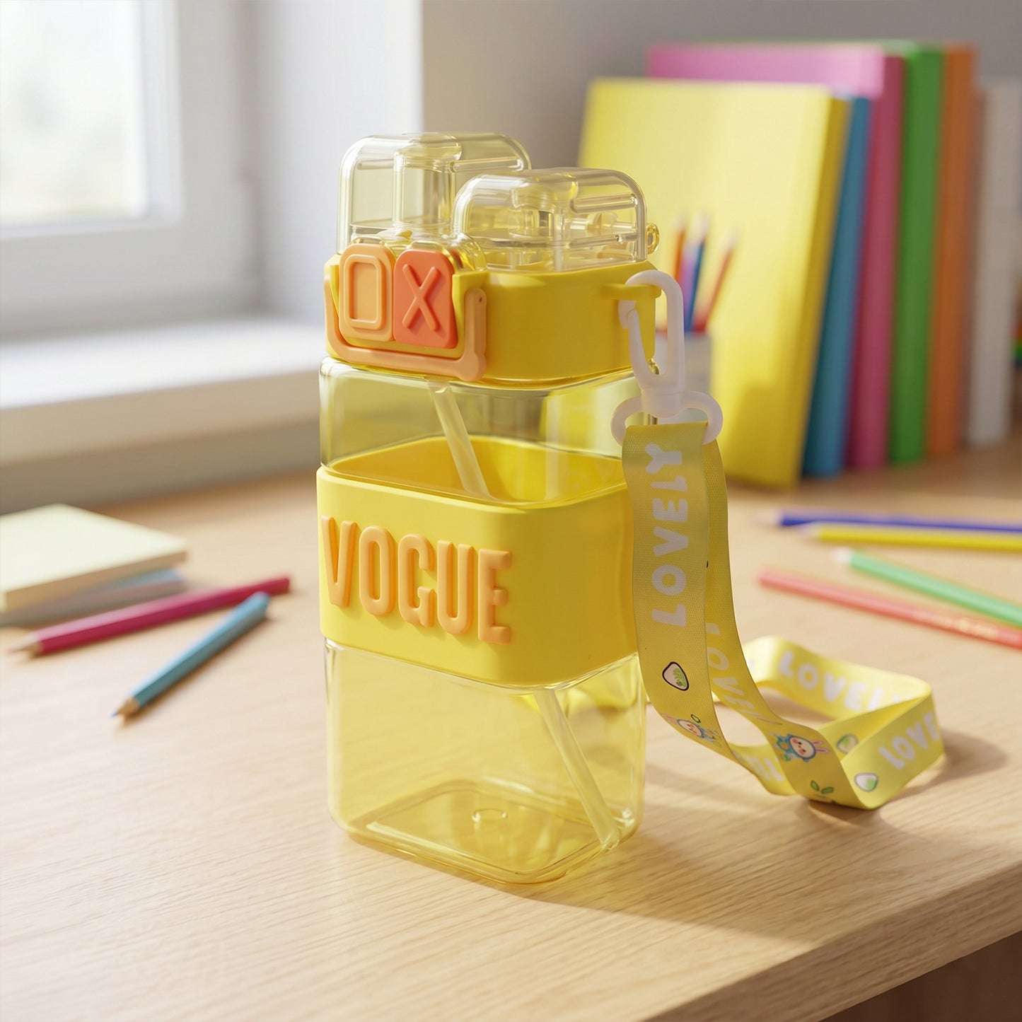 Stylish 500ML Kids Plastic Sipper Water Bottle – Leakproof Square Drinking Bottle with Built-in Straw & Adjustable Carry Strap for School, Travel & Sports (Model 23801)