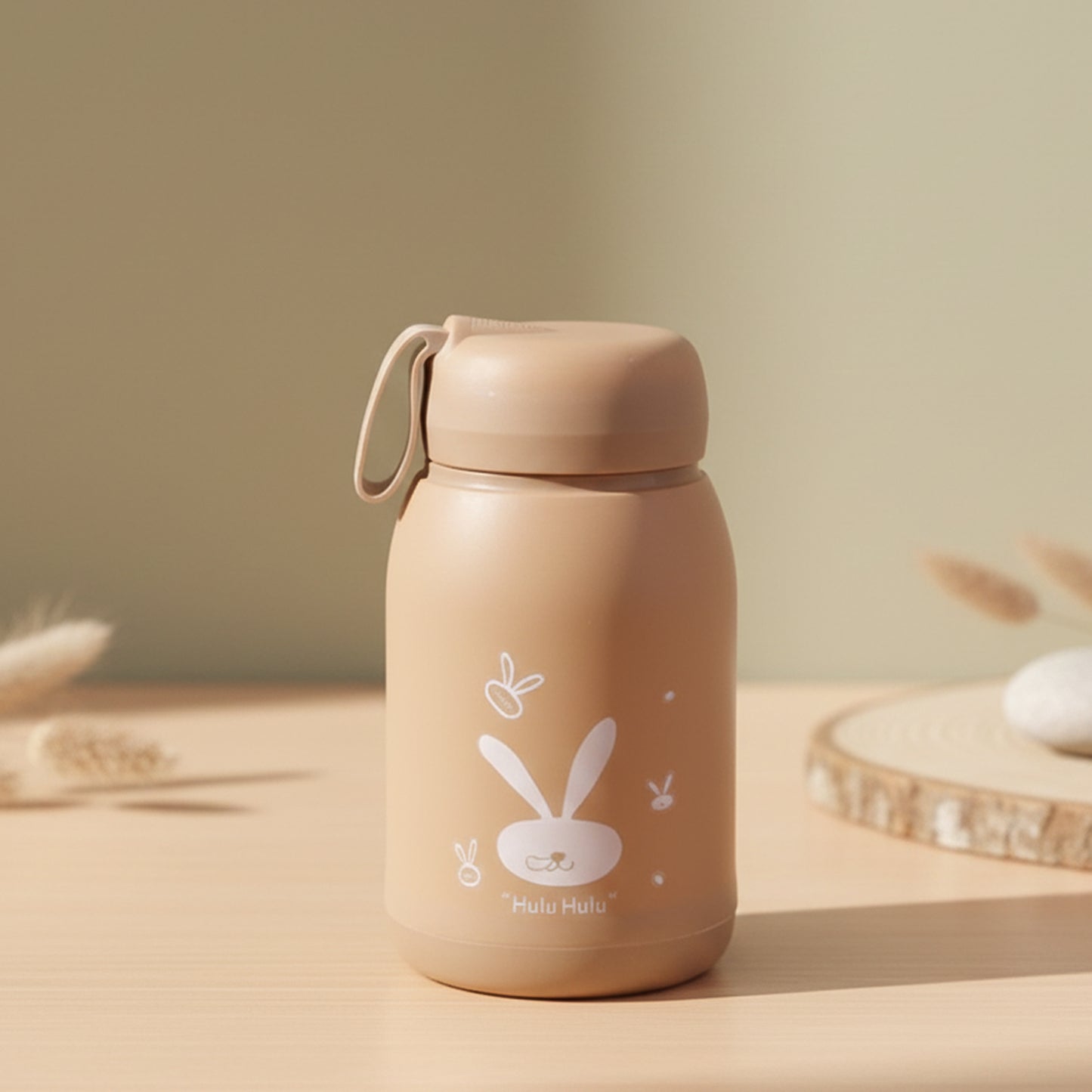 Cute Bunny Print Glass Drinking Bottle 330ml – Aesthetic Reusable Pastel Water Bottle with Leak-Resistant Lid & Carry Loop for Kids, School & Travel (Brown, Model 8500)