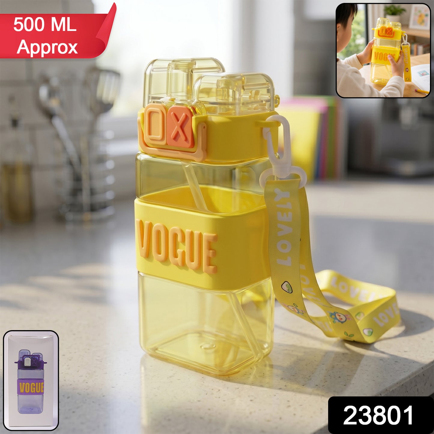 Stylish 500ML Kids Plastic Sipper Water Bottle – Leakproof Square Drinking Bottle with Built-in Straw & Adjustable Carry Strap for School, Travel & Sports (Model 23801)