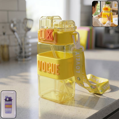 Stylish 500ML Kids Plastic Sipper Water Bottle – Leakproof Square Drinking Bottle with Built-in Straw & Adjustable Carry Strap for School, Travel & Sports (Model 23801)