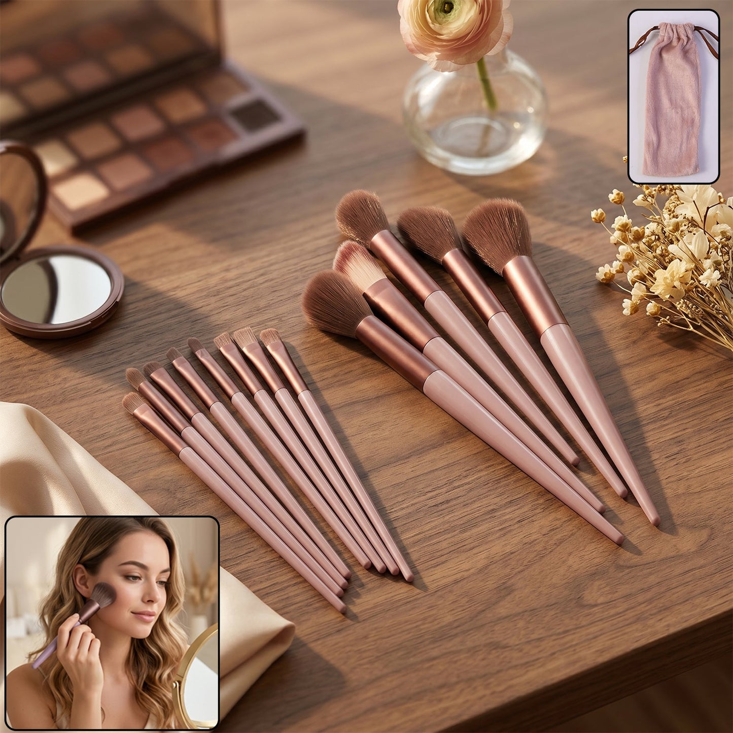 Professional 13-Piece Makeup Brush Set with Storage Pouch – Ultra-Soft Synthetic Bristles for Foundation, Powder, Blush, Eyeshadow Blending & Concealer, Elegant Rose Gold Handles (Model 23839)