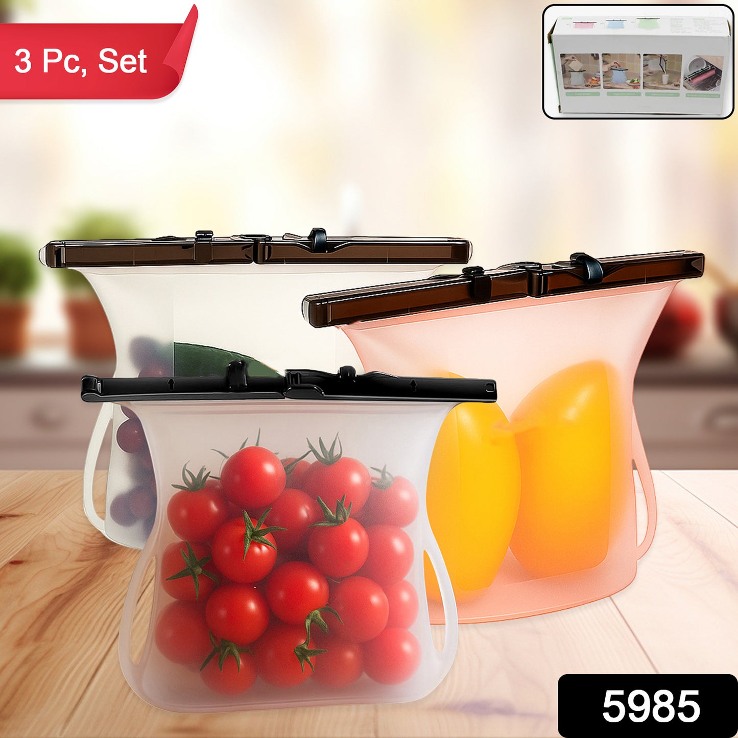 Premium 3-Piece Reusable Silicone Food Storage Bag Set – Leakproof Flat Bottom Freezer Bags, BPA-Free Kitchen Snack & Sandwich Bags (Model 5985)