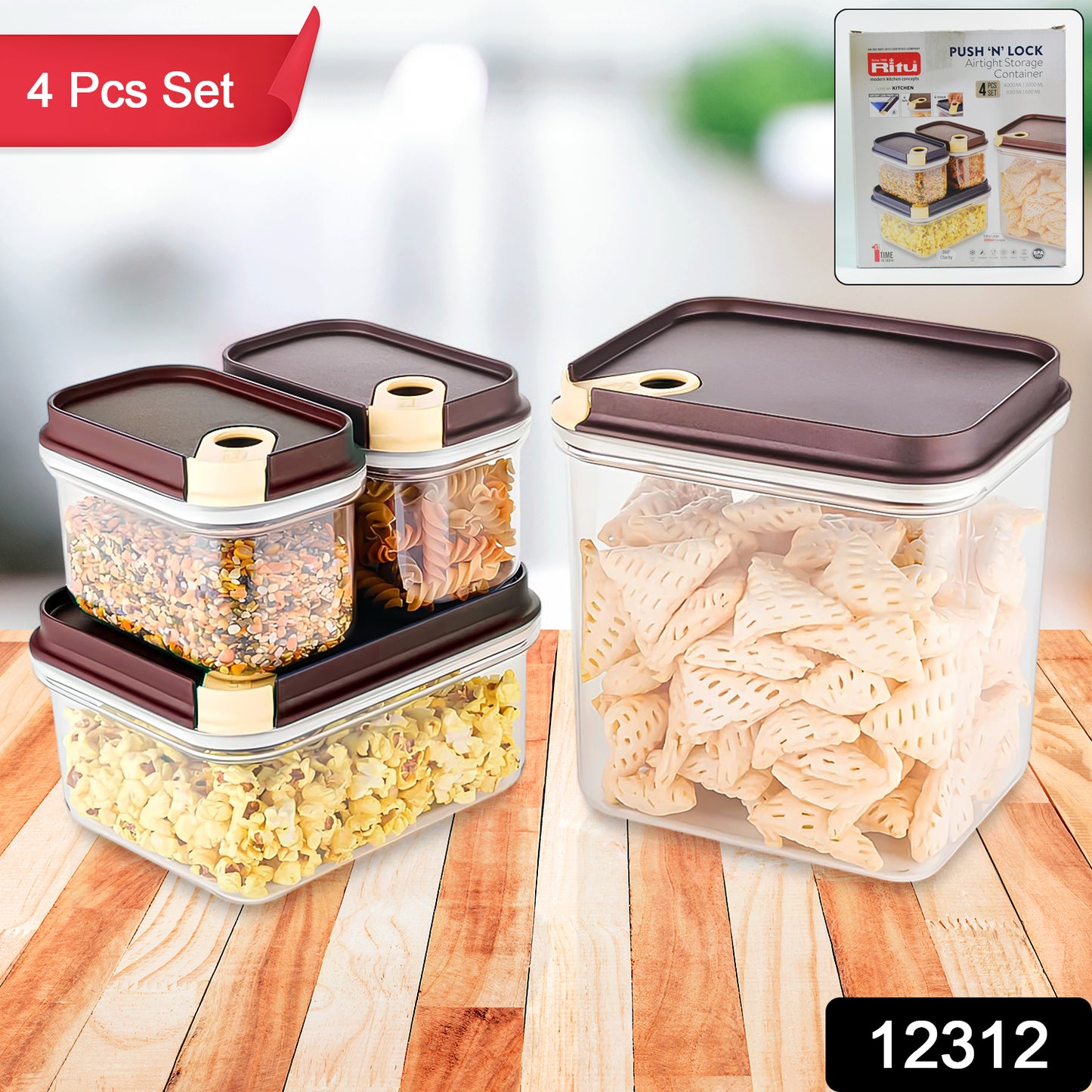 Push 'N' Lock Airtight Food Storage Container Set – 4-Piece Vacuum Seal Plastic Jar Set with Push-Button Locking Lids for Kitchen Pantry Organization (Maroon & Beige)