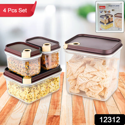 Push 'N' Lock Airtight Food Storage Container Set – 4-Piece Vacuum Seal Plastic Jar Set with Push-Button Locking Lids for Kitchen Pantry Organization (Maroon & Beige)
