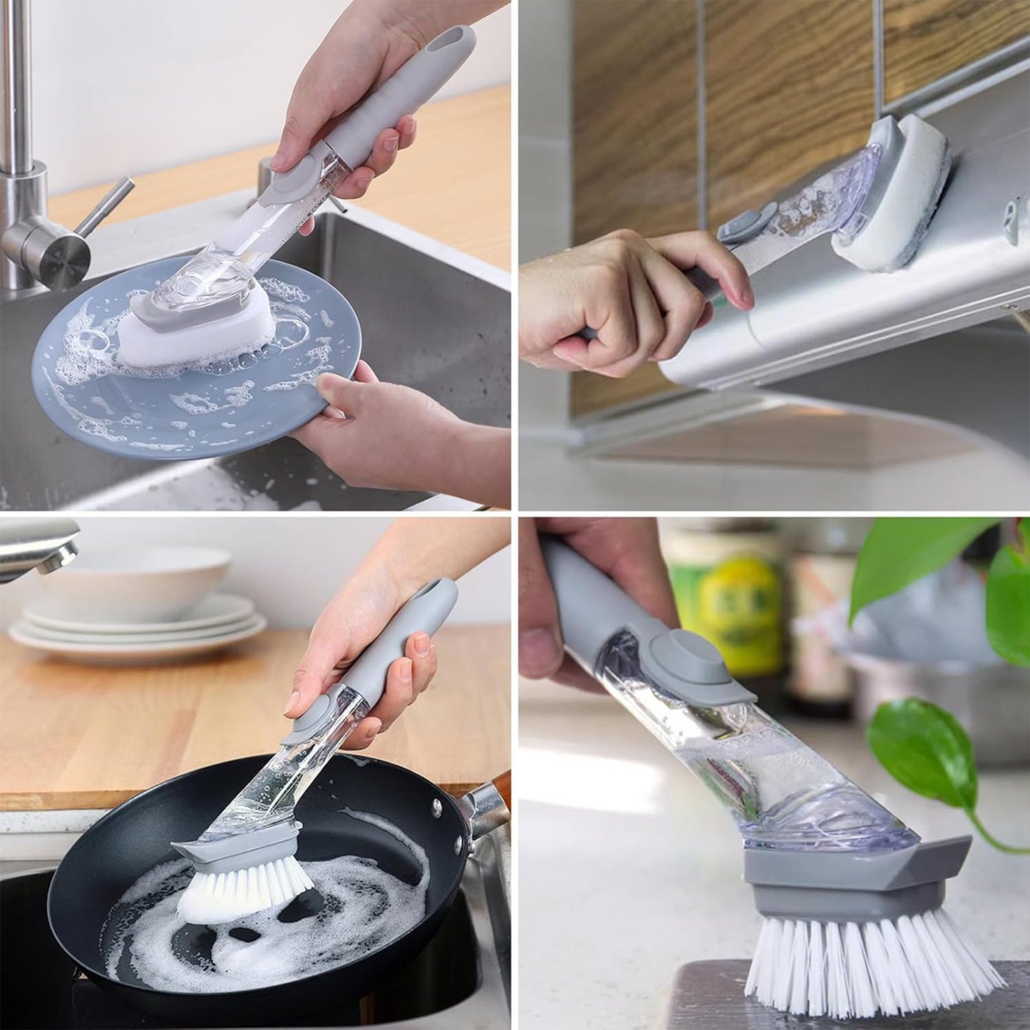 2-in-1 Soap Dispensing Dish Brush with Refillable Handle & Extra Scrub Sponge – Leak-Proof Kitchen Cleaning Brush for Utensils, Pans, Sinks & Tiles (Model 1271B)